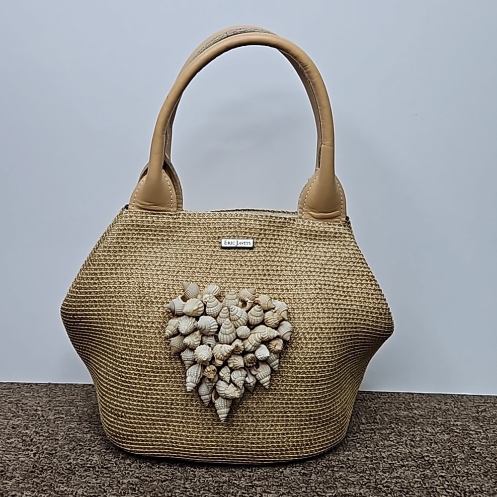 Eric Javits Tan Straw Shells Purse Handbag 13" x 13"